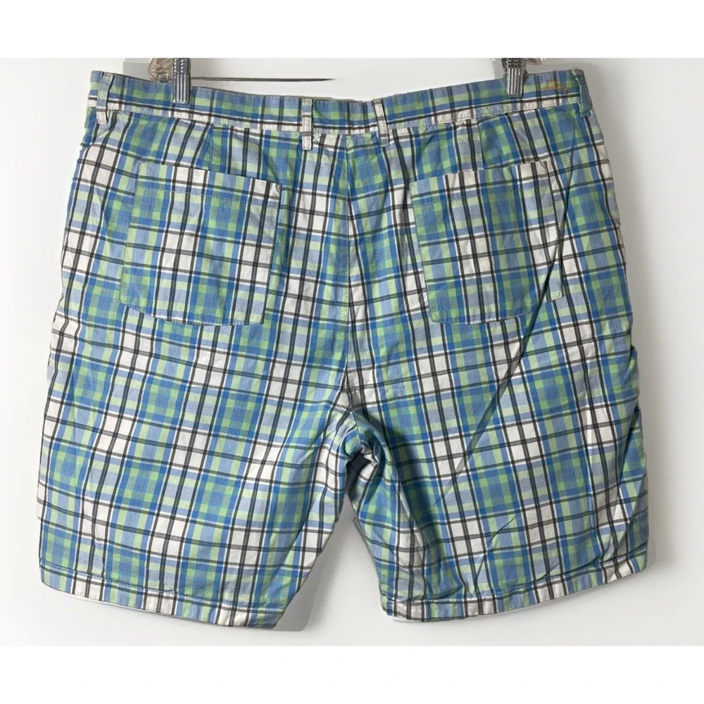 Tommy Bahama Shorts Mens 42 X 10 Blue Green Plaid Palm Trees Reversible